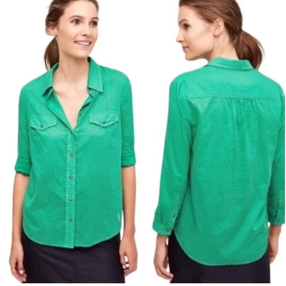 ANTHROPOLOGIE MAEVE GREEN WHITE POLKA DOT Button-Down Cotton Shirt Top 4